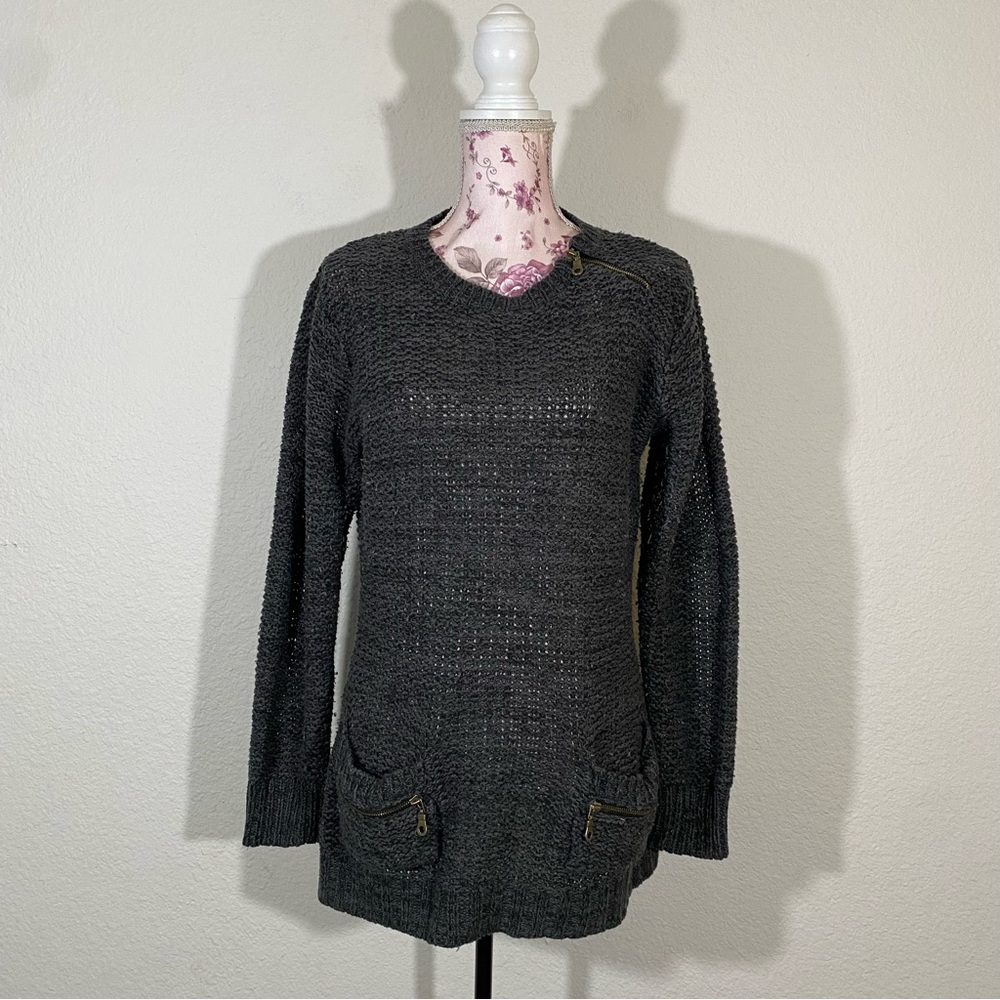 Effeci sz:XL Charcoal Gray Knit Long Sleeve Sweater Top Zip Shoulder wi/Pockets
